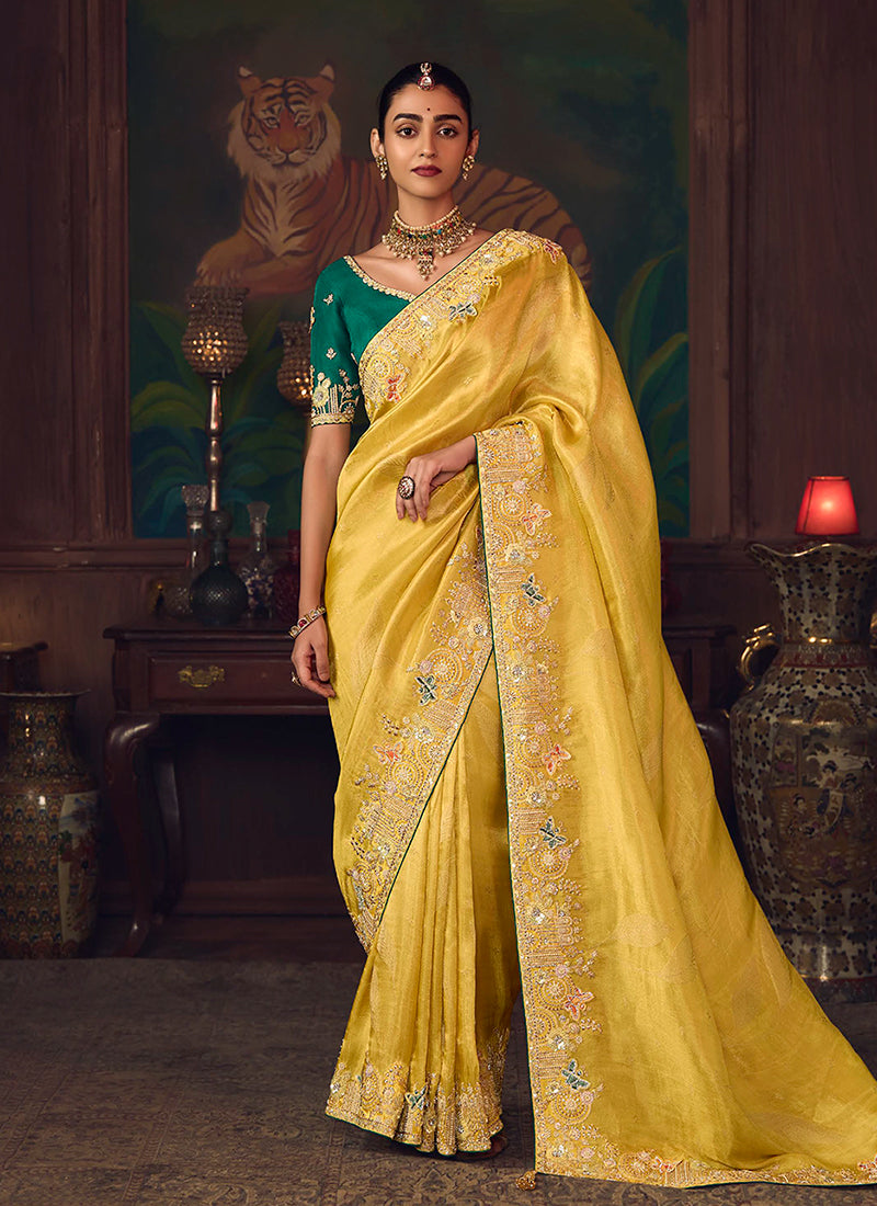 Yellow And Green Embroidered Fancy Silk Saree
