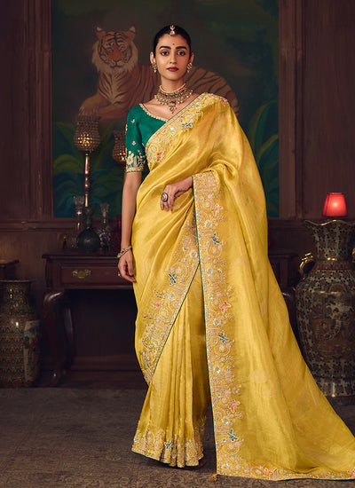 Yellow And Green Embroidered Fancy Silk Saree