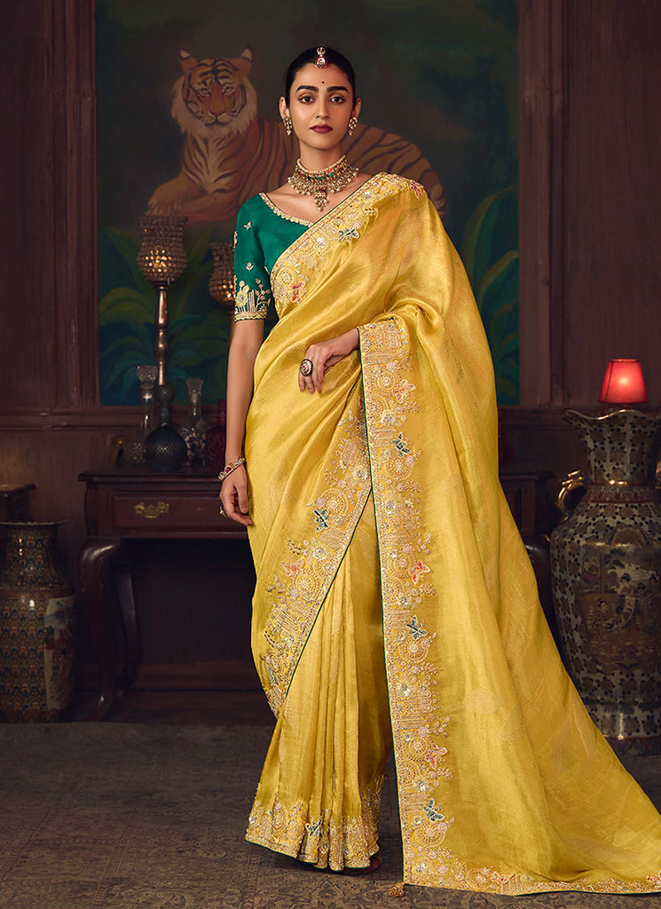 Yellow And Green Embroidered Fancy Silk Saree