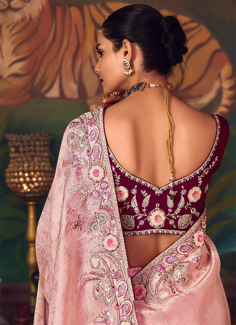 Light Pink And Wine Embroidered Fancy Silk Saree