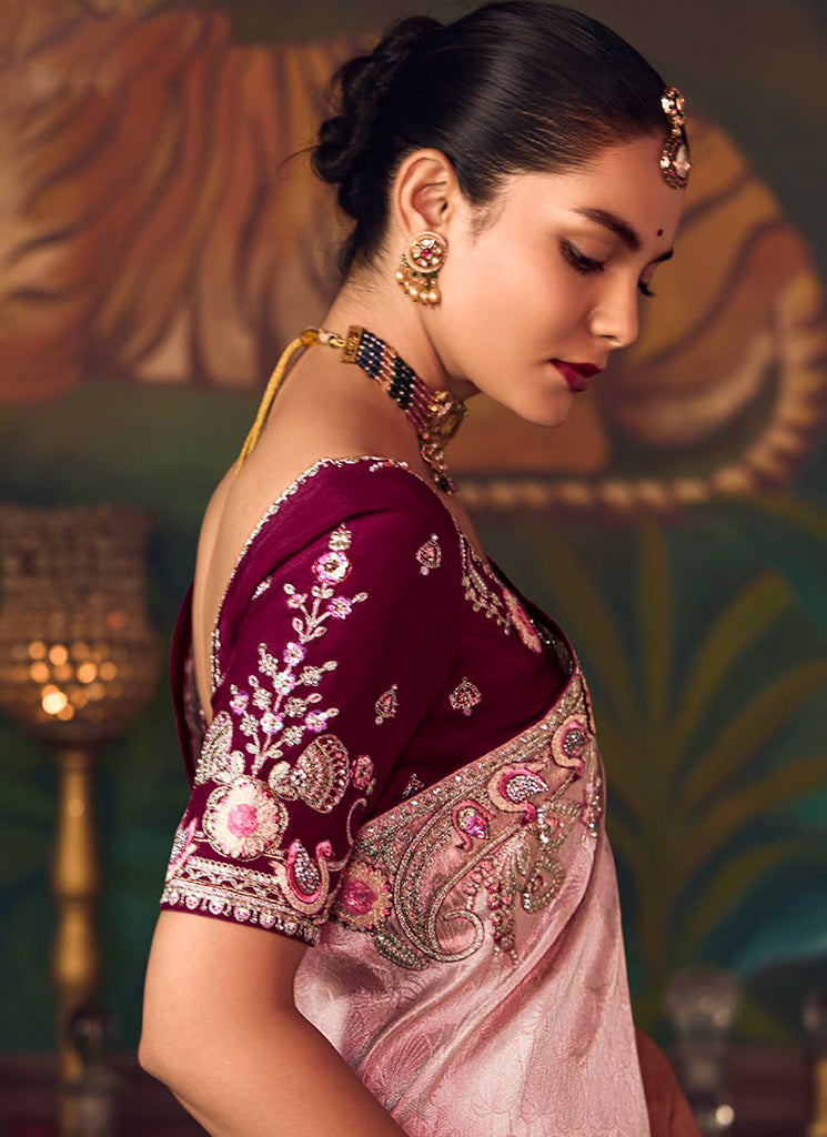 Light Pink And Wine Embroidered Fancy Silk Saree