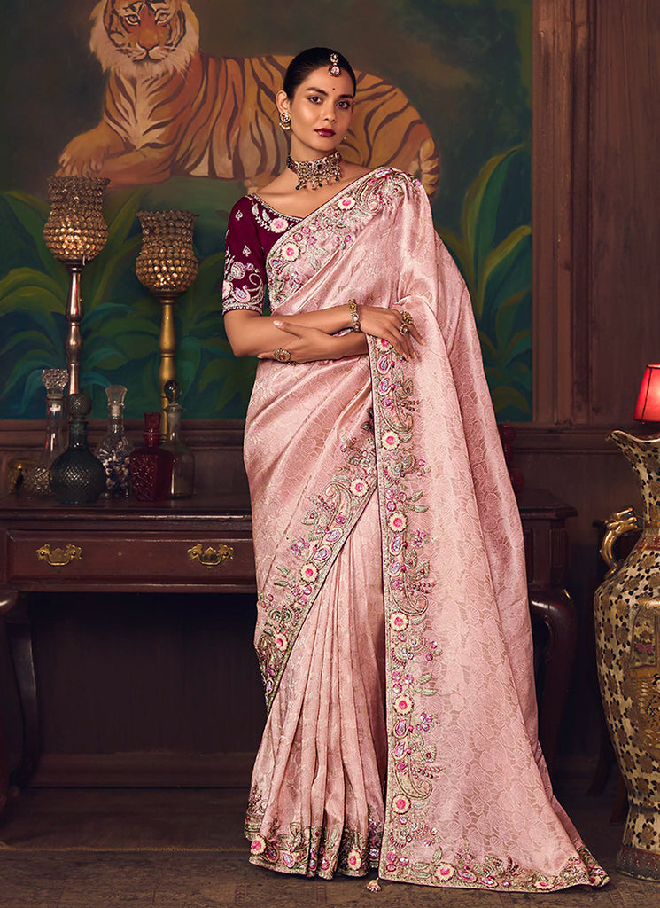 Light Pink And Wine Embroidered Fancy Silk Saree