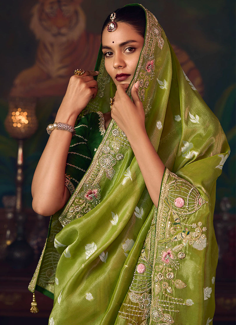 Green Two Tone Embroidered Fancy Silk Saree