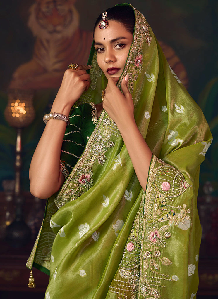 Green Two Tone Embroidered Fancy Silk Saree