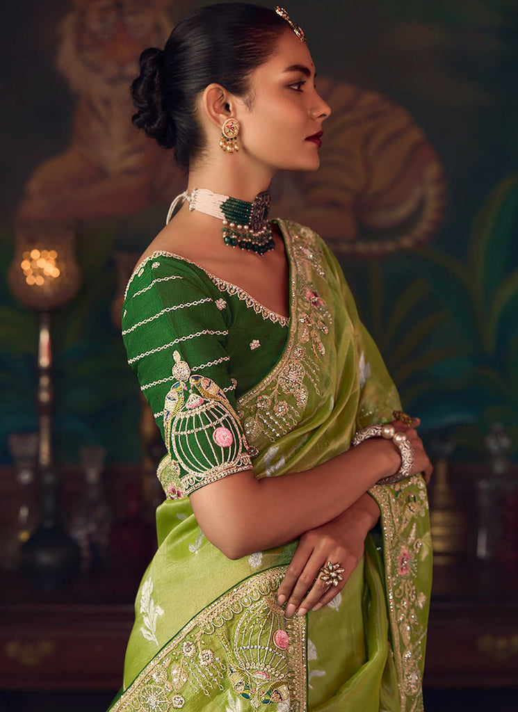 Green Two Tone Embroidered Fancy Silk Saree