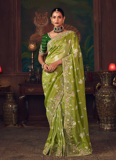 Green Two Tone Embroidered Fancy Silk Saree