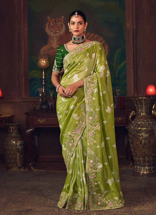 Green Two Tone Embroidered Fancy Silk Saree