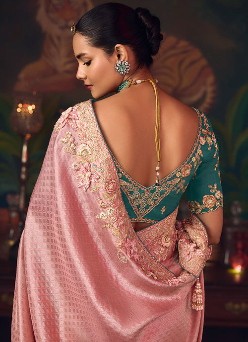 Buy Peach And Teal Fancy Silk Saree In France