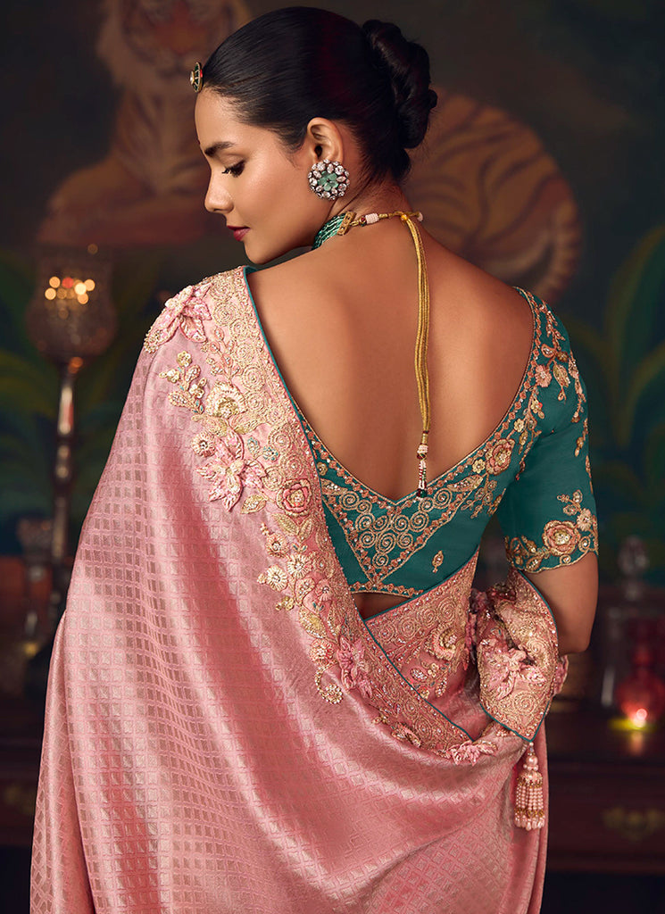 Peach And Teal Embroidered Fancy Silk Saree