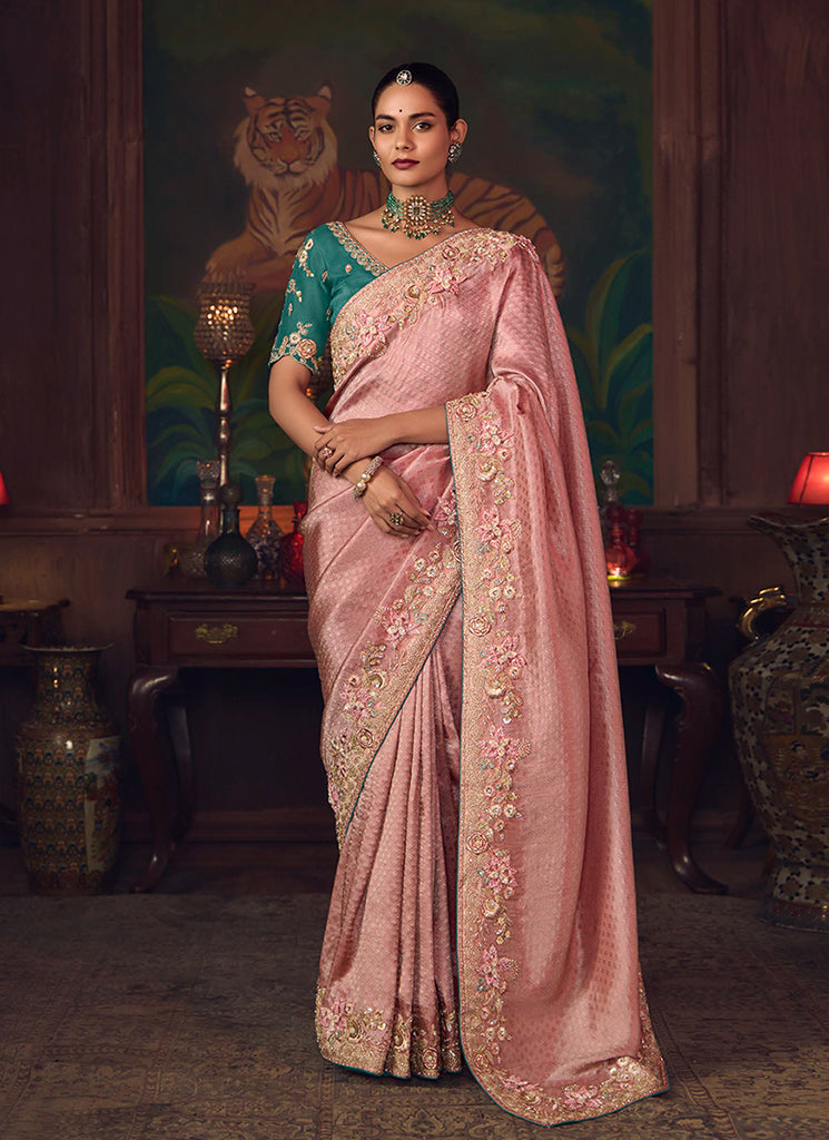 Peach And Teal Embroidered Fancy Silk Saree