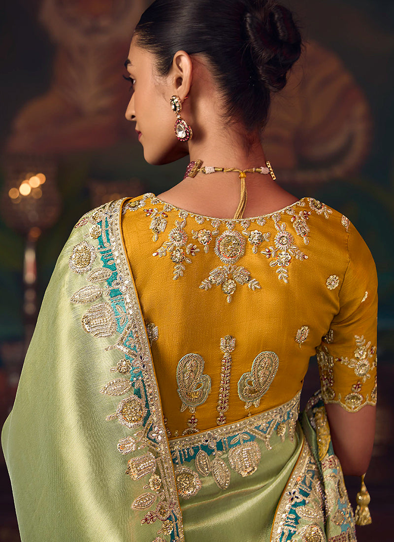 Green And Yellow Embroidered Fancy Silk Saree