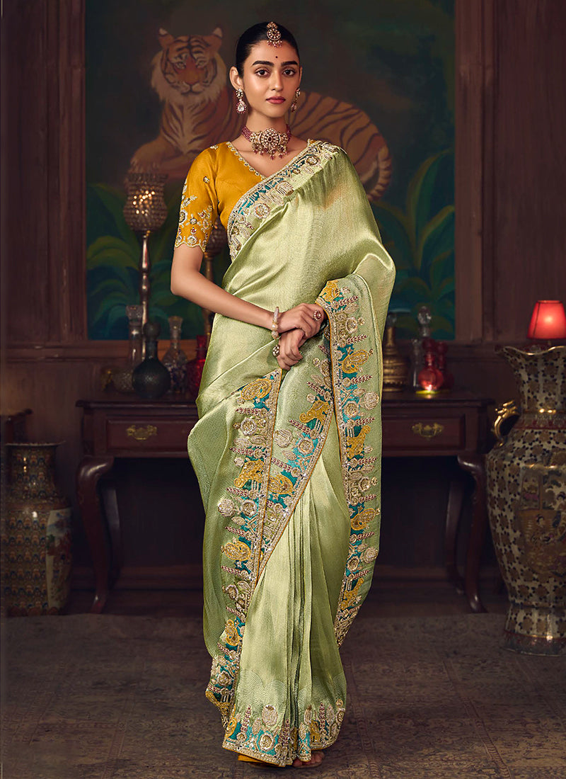 Green And Yellow Embroidered Fancy Silk Saree