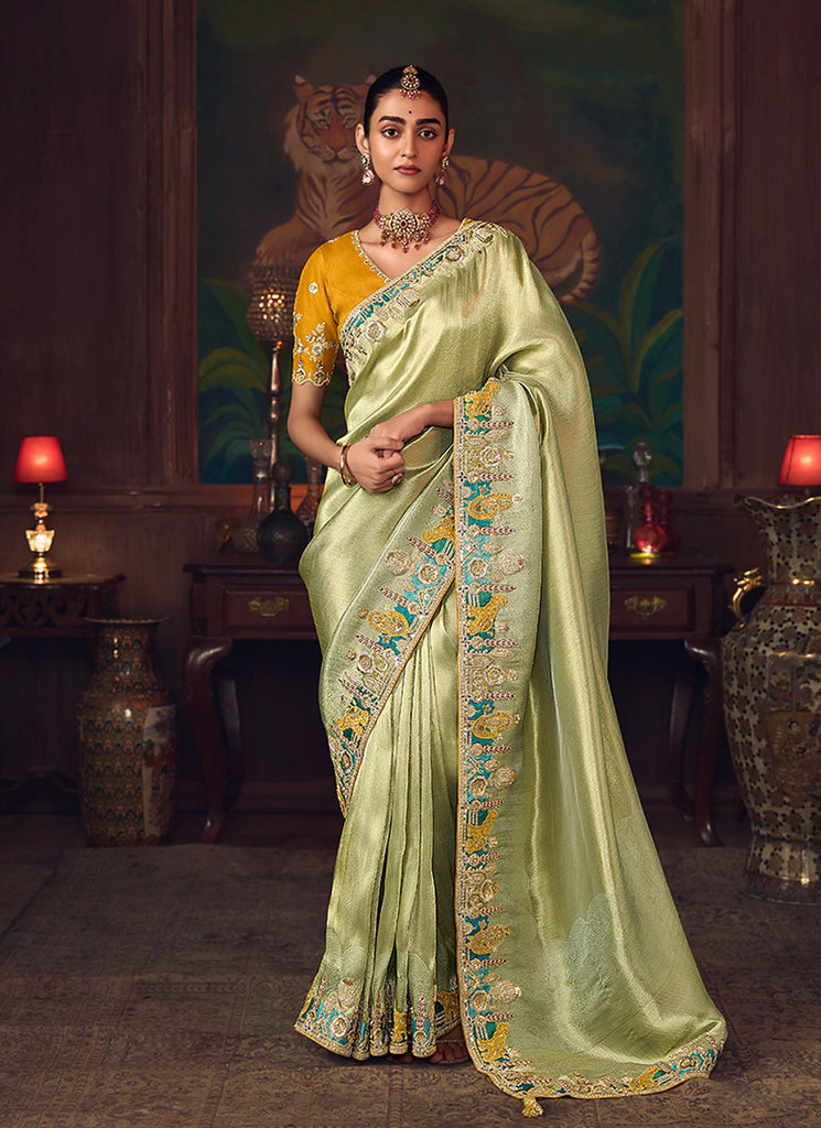 Green And Yellow Embroidered Fancy Silk Saree