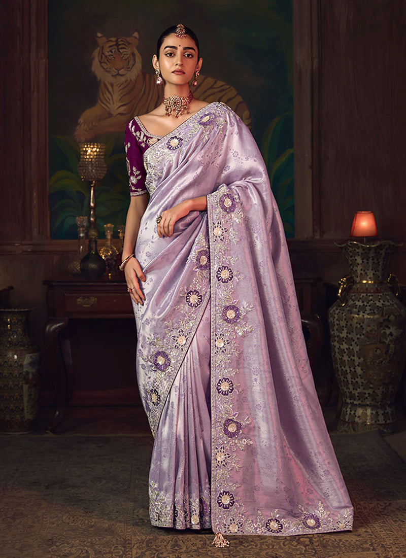 Purple And Wine Embroidered Fancy Silk Saree
