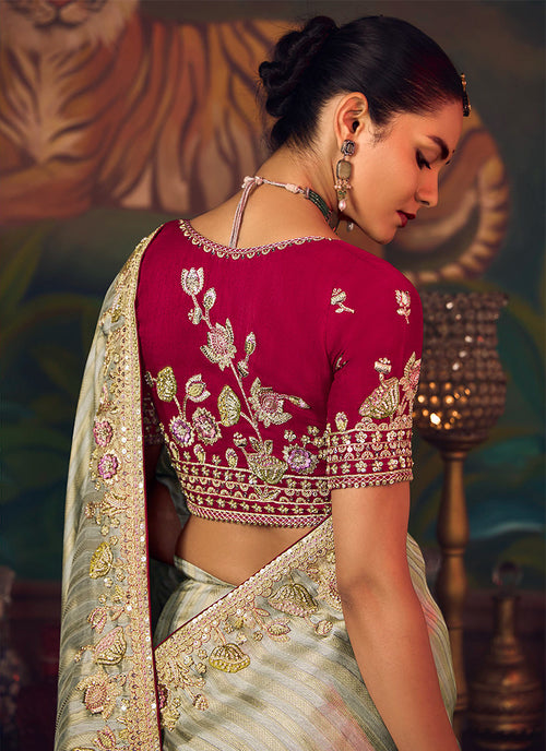 Buy Green And Magenta Embroidered Silk Saree In Canada