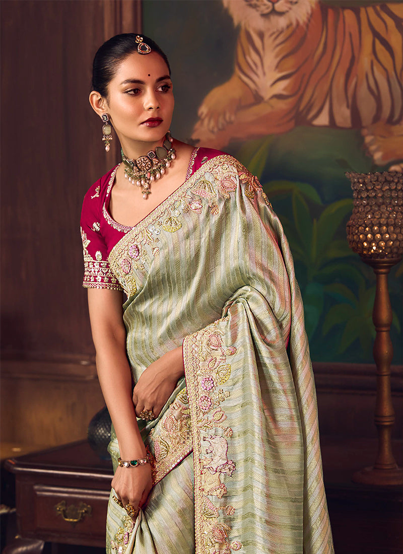 Green And Magenta Embroidered Fancy Silk Saree