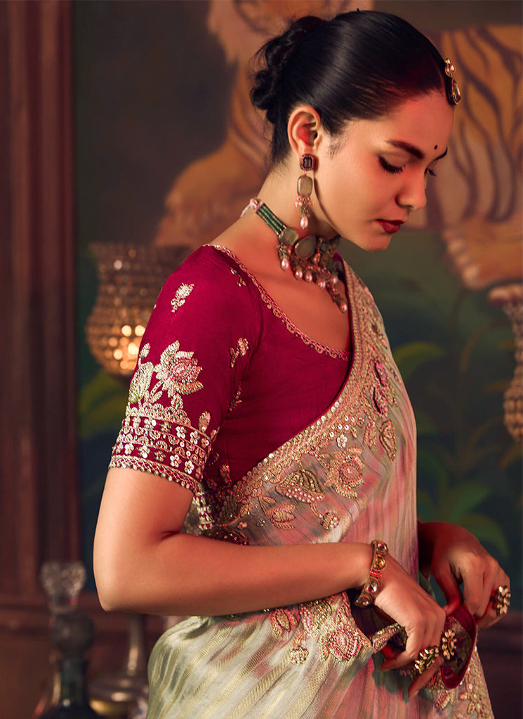 Green And Magenta Embroidered Fancy Silk Saree