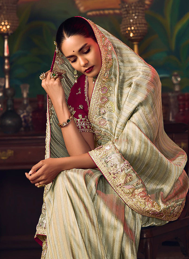 Green And Magenta Embroidered Fancy Silk Saree