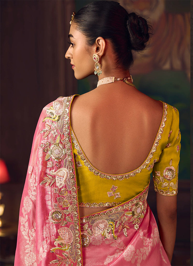 Pink And Yellow Embroidered Fancy Silk Saree