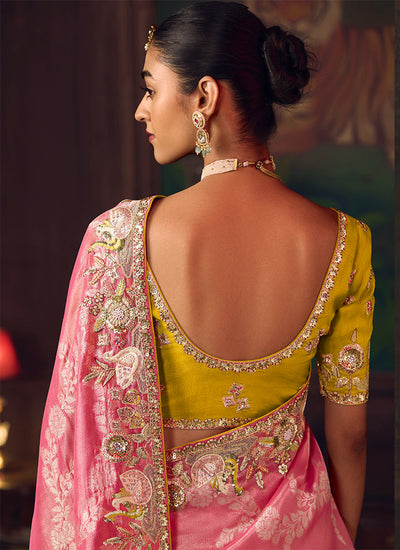 Pink And Yellow Embroidered Fancy Silk Saree