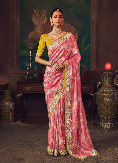 Pink And Yellow Embroidered Fancy Silk Saree