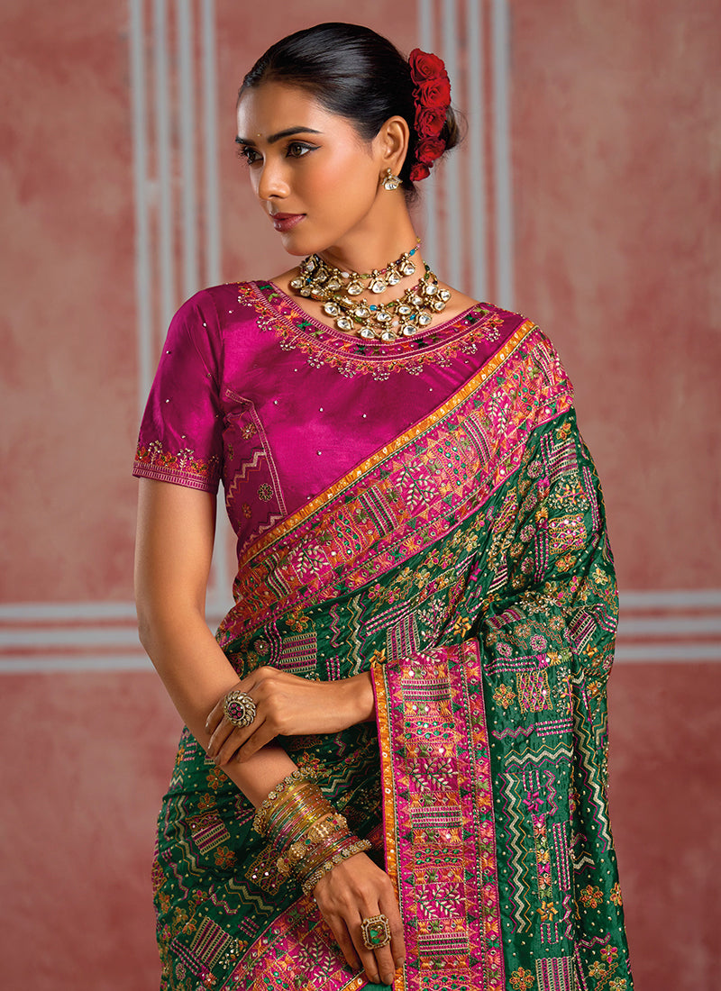 Buy Dark Green And Pink Silk Saree In Singapore