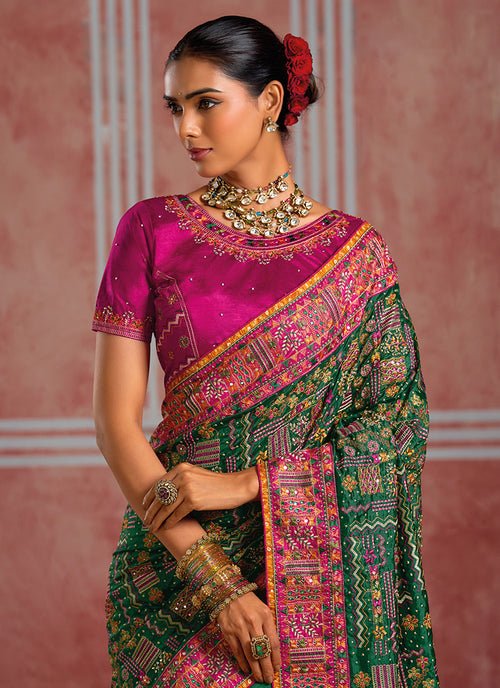 Buy Dark Green And Pink Silk Saree In Singapore