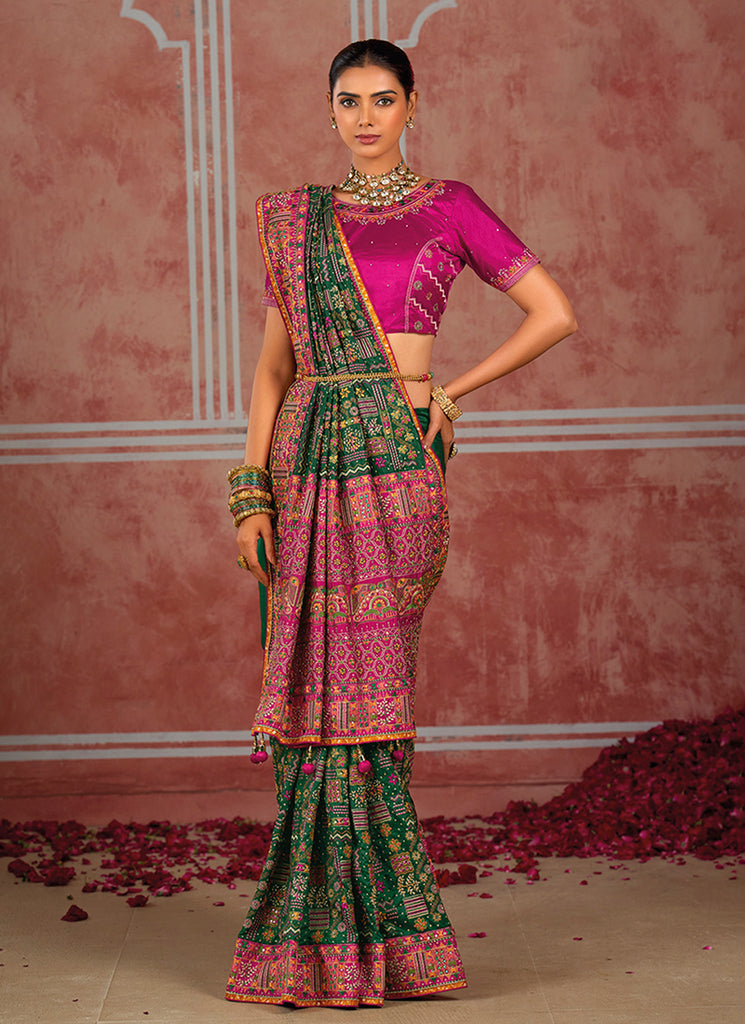 Shop Dark Green And Pink Silk Saree Online