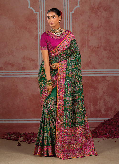Dark Green And Pink Kutchi Embroidered Pure Silk Saree