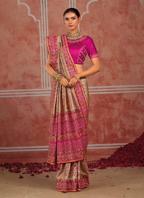 Shop Beige And Pink Silk Saree Online