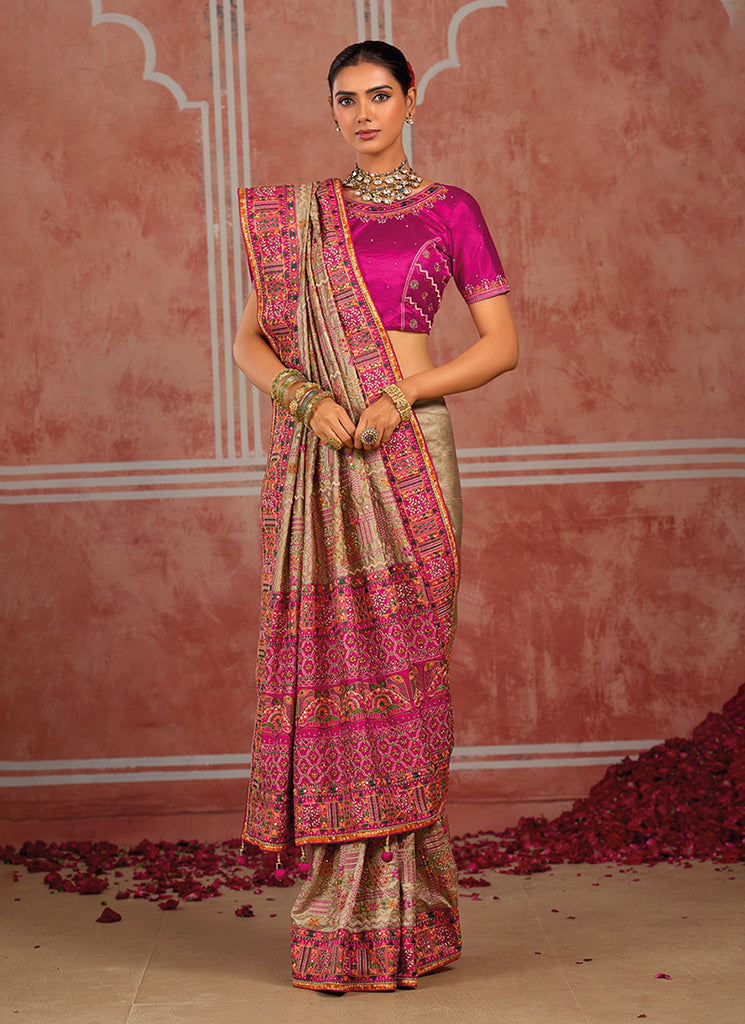 Shop Beige And Pink Silk Saree Online