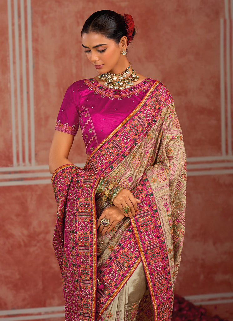 Buy Beige And Pink Silk Saree In UAE