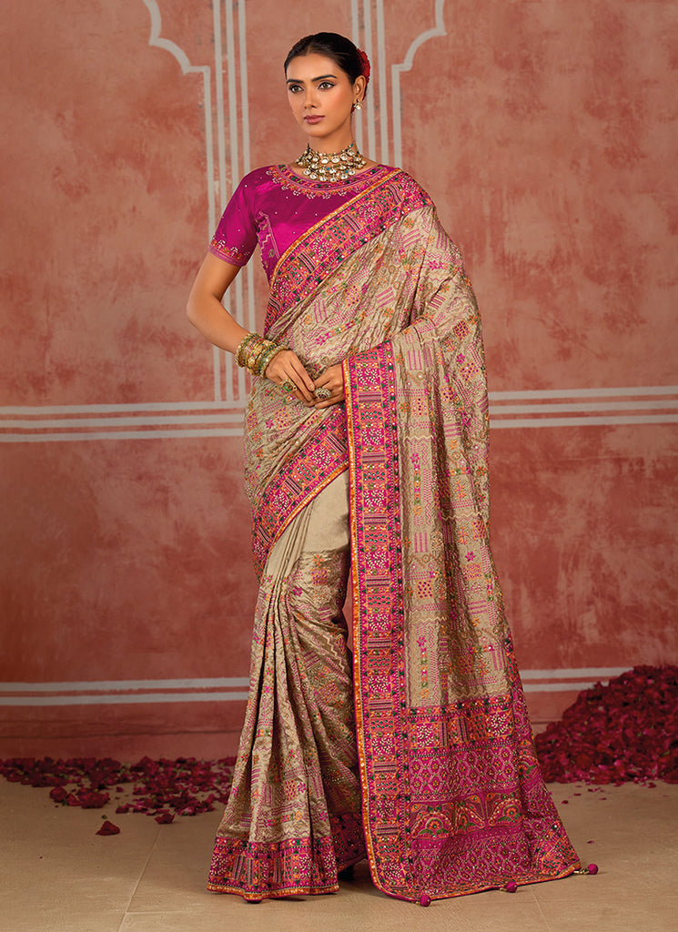 Beige And Pink Kutchi Embroidered Pure Silk Saree