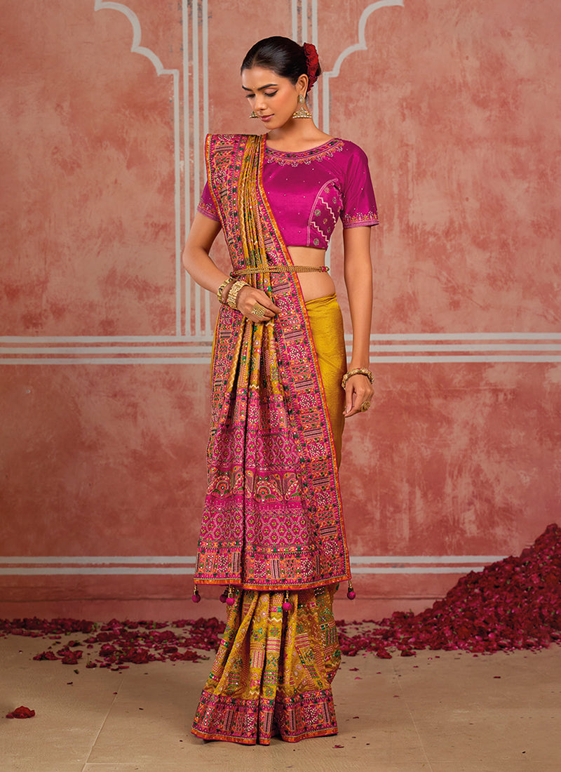 Shop Mustard And Pink Silk Saree Onlinr