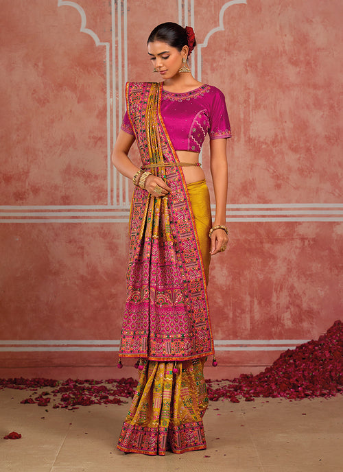 Shop Mustard And Pink Silk Saree Onlinr