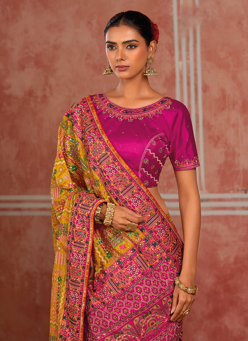 Buy Mustard And Pink Silk Saree In Hongkong
