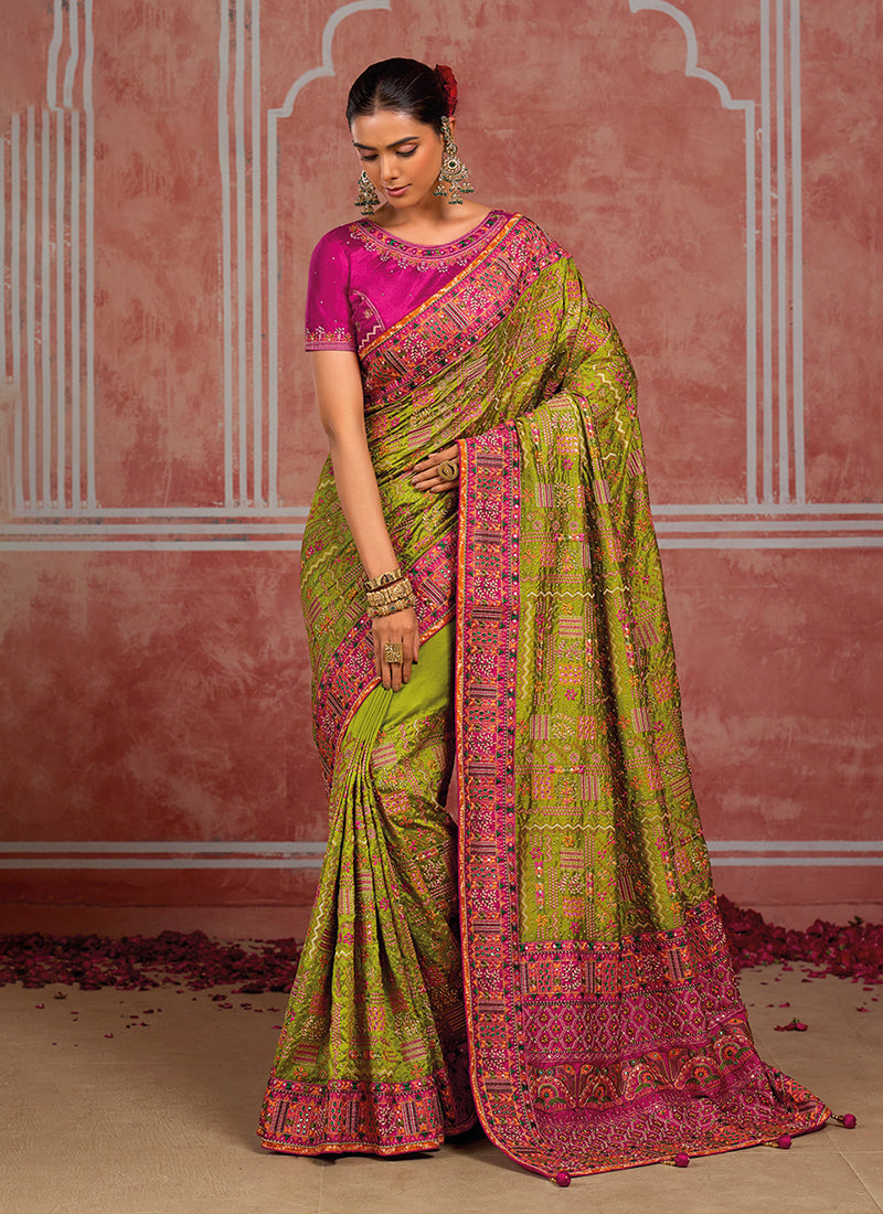 Green And Pink Kutchi Embroidered Pure Silk Saree