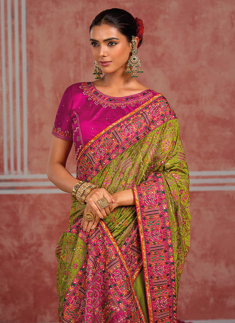 Buy Green And Pink Silk Saree In Austria