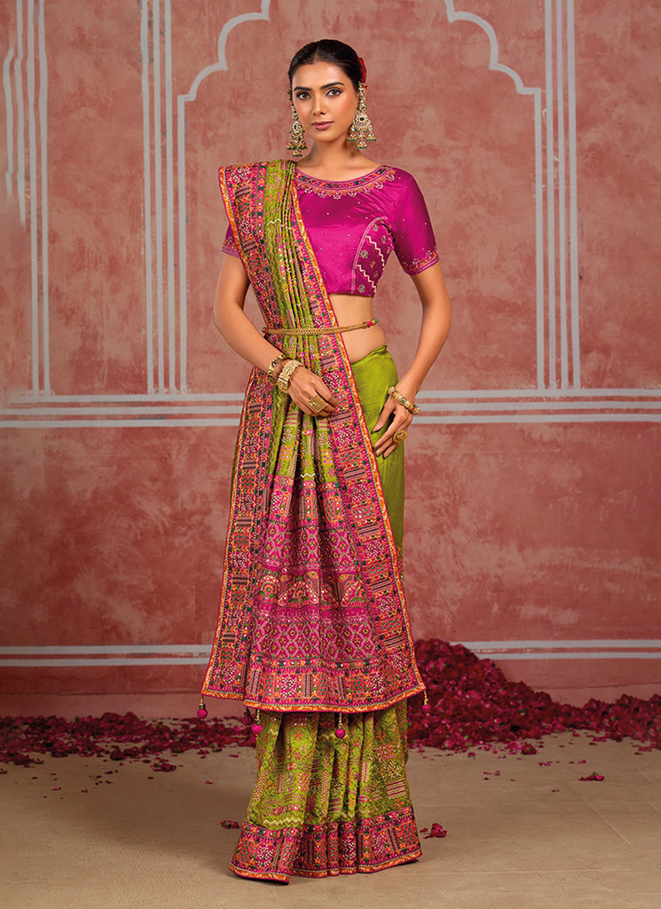 Shop Green And Pink Silk Silk Saree Online