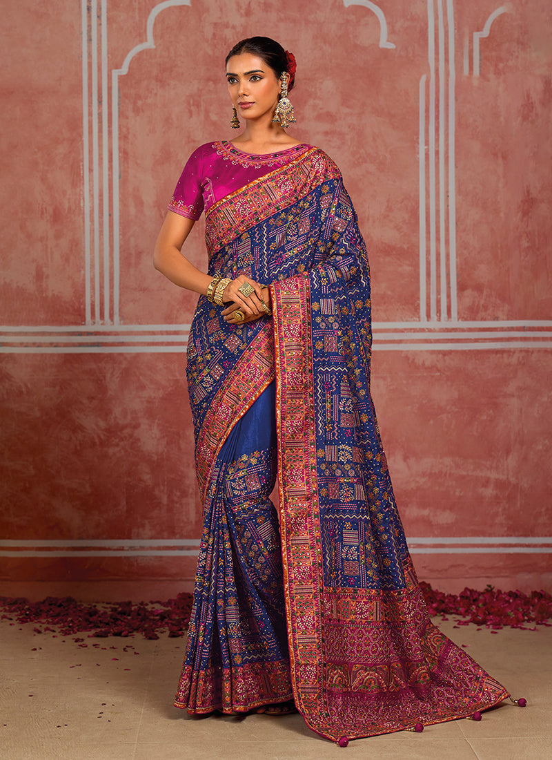 Navy Blue And Pink Kutchi Embroidered Pure Silk Saree