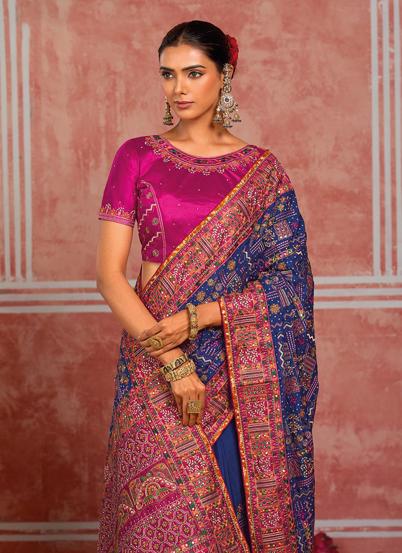 Buy Navy Blue And Pink Kutchi Silk Saree In France