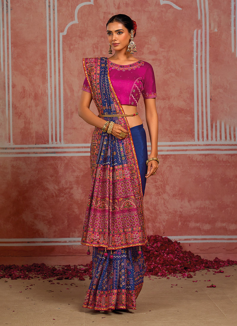 Shop Navy Blue And Pink Saree Online