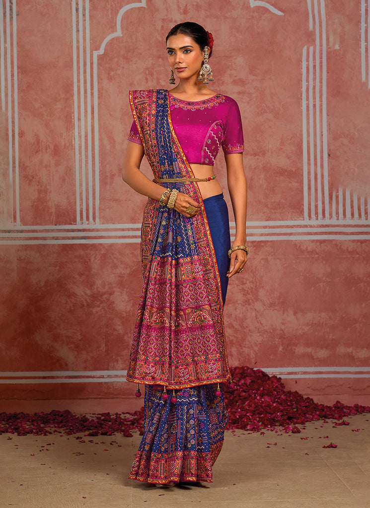 Shop Navy Blue And Pink Saree Online