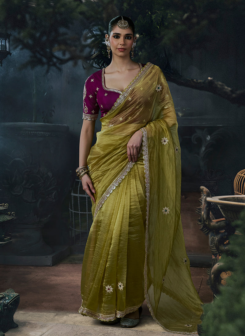 Green And Purple Handwork Embroidered Silk Saree