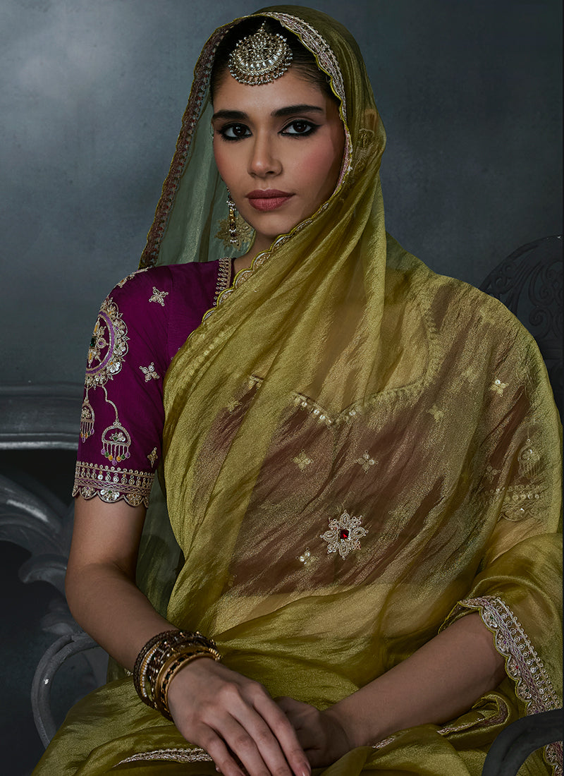Shop Green And Purple Silk Sari Online