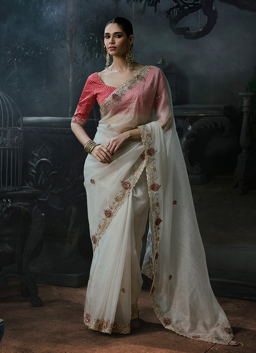 Ivory Red Handwork Embroidered Silk Saree
