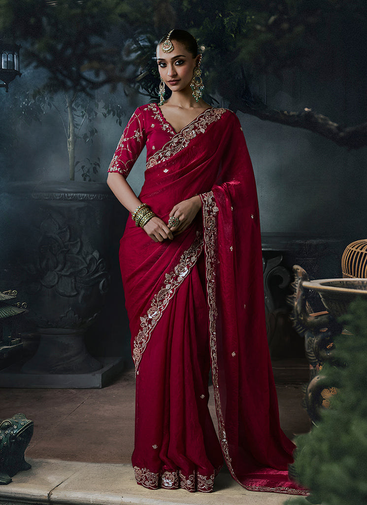 Crimson Pink Handwork Embroidered Silk Saree
