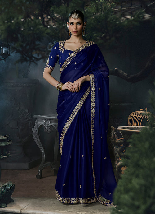 Royal Blue Handwork Embroidered Silk Saree