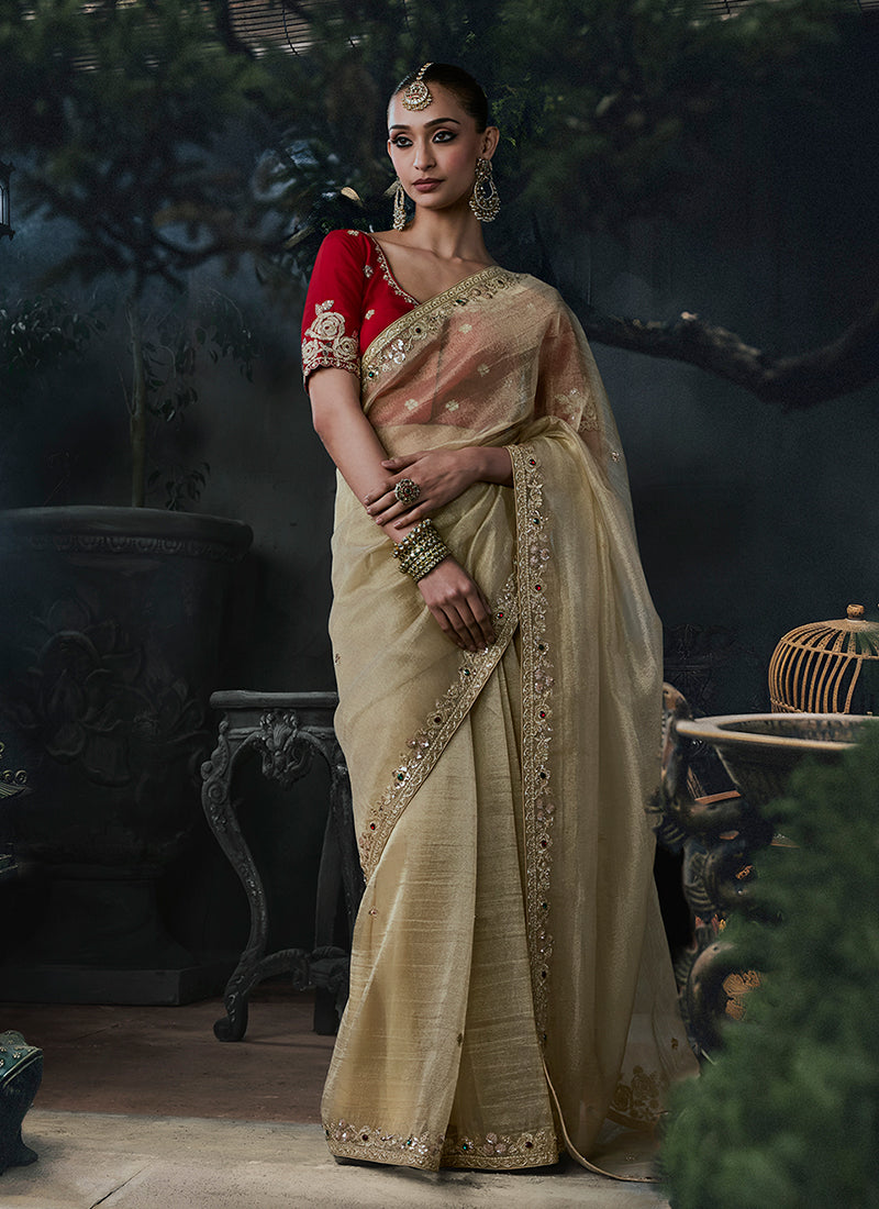 Beige And Red Handwork Embroidered Silk Saree