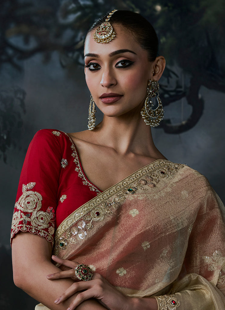 Shop Beige And Red Saree Online